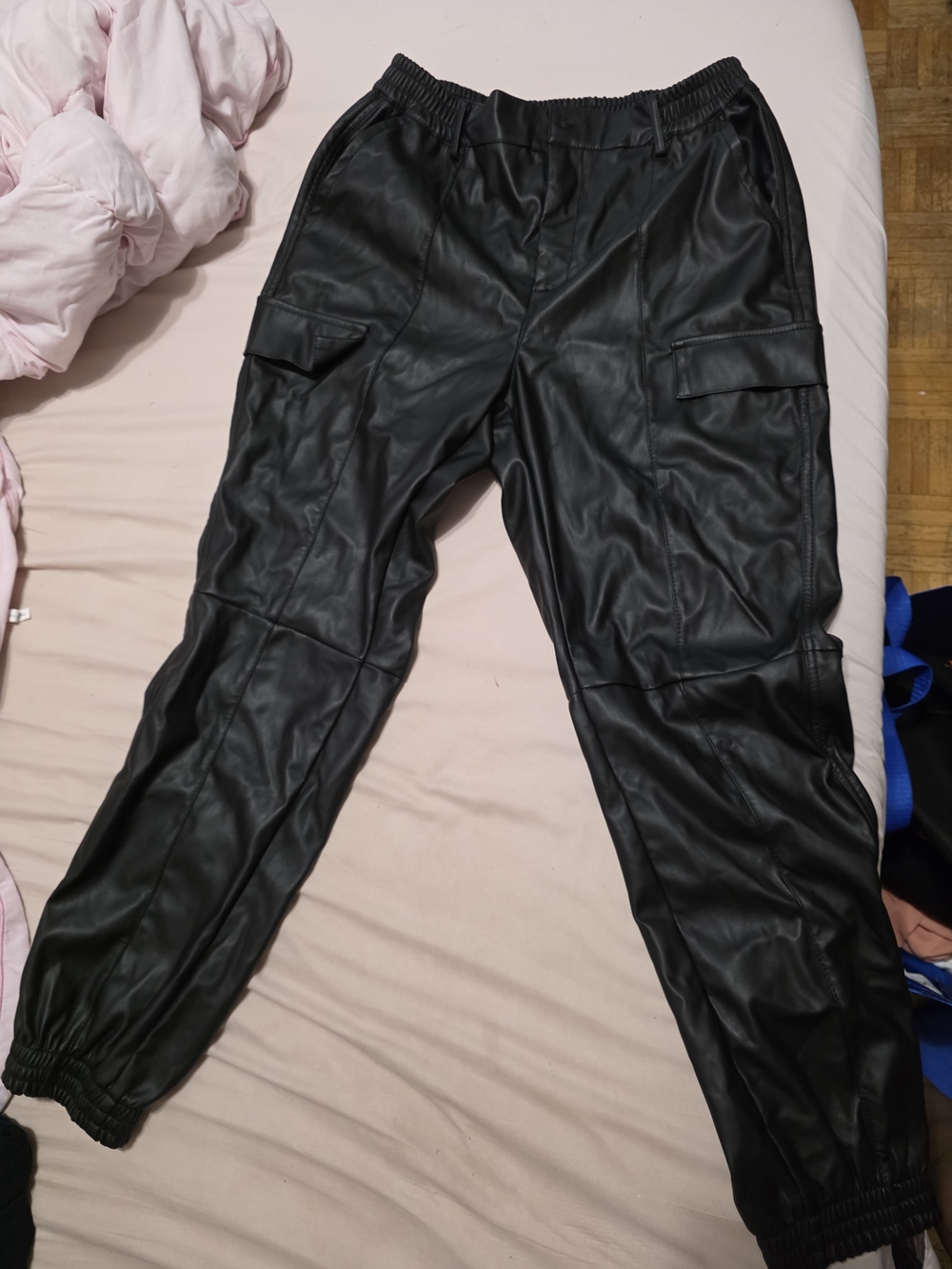 Womens Black Faux Leather Cargo Joggers